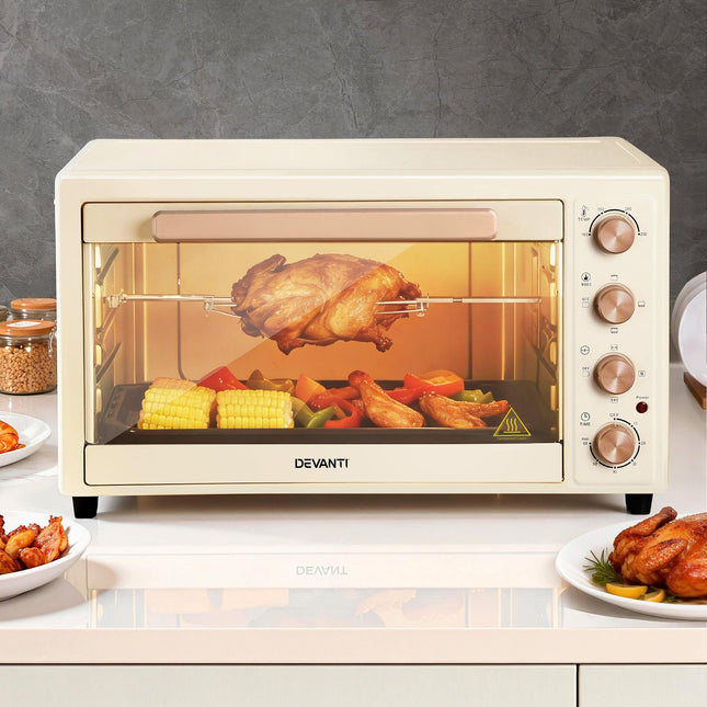 Devanti 60L Convection Oven Electric Fryer Ovens 2000W Cream.