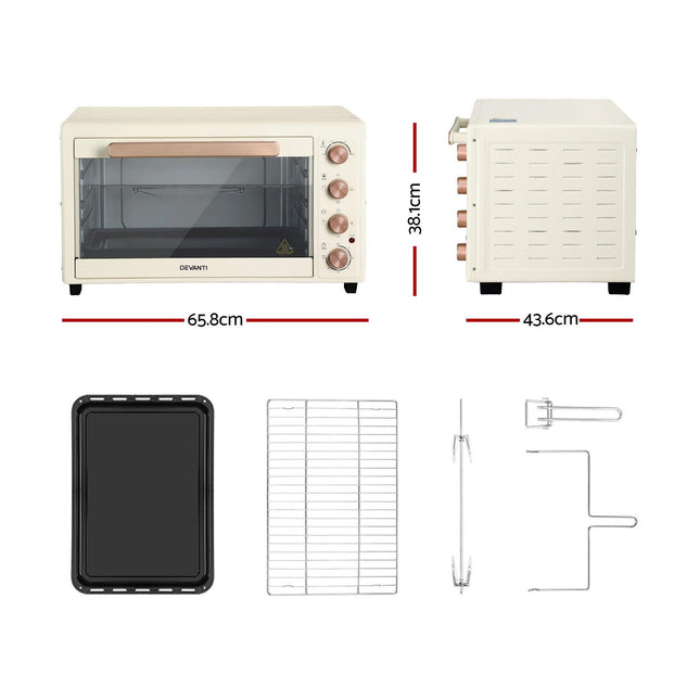 Devanti 60L Convection Oven Electric Fryer Ovens 2000W Cream.