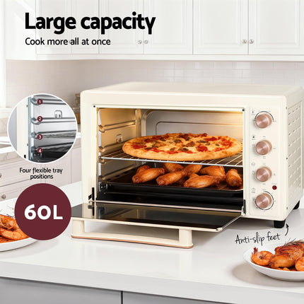 Devanti 60L Convection Oven Electric Fryer Ovens 2000W Cream.