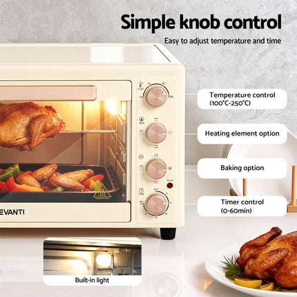 Devanti 60L Convection Oven Electric Fryer Ovens 2000W Cream.