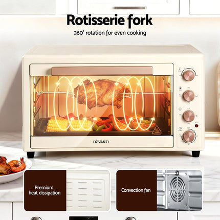 Devanti 60L Convection Oven Electric Fryer Ovens 2000W Cream.