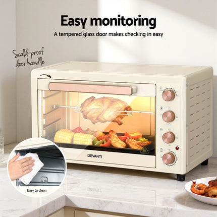 Devanti 60L Convection Oven Electric Fryer Ovens 2000W Cream.