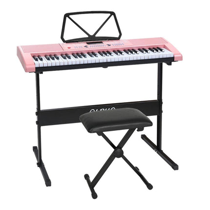Alpha 61 Keys Electronic Piano Keyboard Digital Electric w/ Stand Stool Pink.