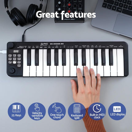 Alpha 25-Key MIDI Keyboard Controller Portable USB Laptop Black.