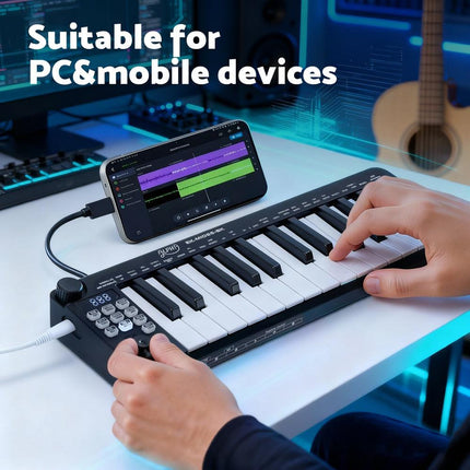 Alpha 25-Key MIDI Keyboard Controller Portable USB Laptop Black.