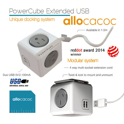 Allocacoc PowerCube Extended USB Powerboard 4-Outlets 2 USB Ports Grey-White 1.5m.