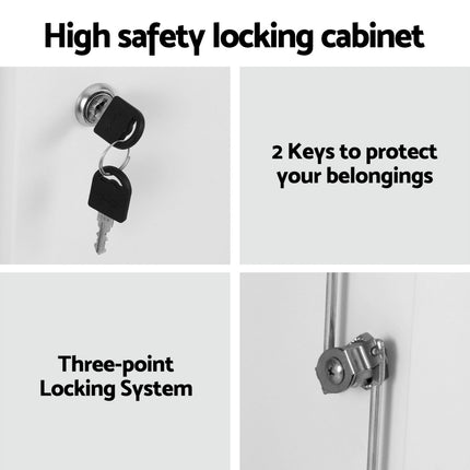 Artiss Steel Locker Cabinet Filing Mental Storage 3-Point Lock Adjustable Shelves White.