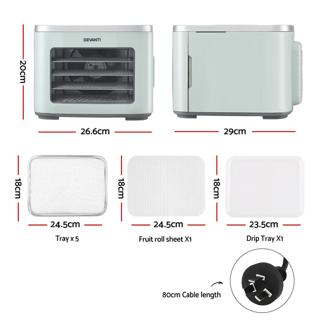 Devanti Food Dehydrator Machine 5 Tray Mini Fruit Dryer Maker Green.