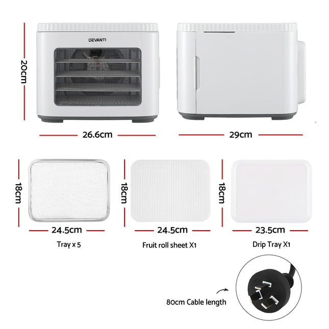 Devanti Food Dehydrator Machine 5 Tray Mini Fruit Dryer Maker White.