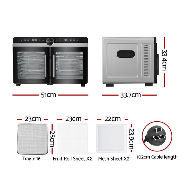 Devanti 16 Trays Food Dehydrator Dual-Zone Stainless Steel.