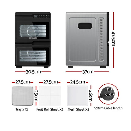 Devanti 12 Trays Food Dehydrator Dual-Zone Stainless Steel Fruit Jerky Dryer.