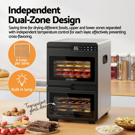 Devanti 12 Trays Food Dehydrator Dual-Zone Stainless Steel Fruit Jerky Dryer.