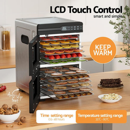 Devanti 12 Trays Food Dehydrator Dual-Zone Stainless Steel Fruit Jerky Dryer.