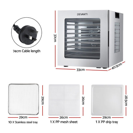 Devanti 10 Trays Food Dehydrator Stainless Steel Visible Glass Door 850W.
