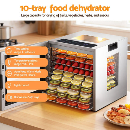 Devanti 10 Trays Food Dehydrator Stainless Steel Visible Glass Door 850W.