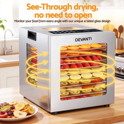 Devanti 10 Trays Food Dehydrator Stainless Steel Visible Glass Door 850W.