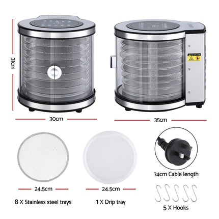 Devanti 8 Trays Food Dehydrator Stainless Steel Auto-Rotate 10 Programs 700W.