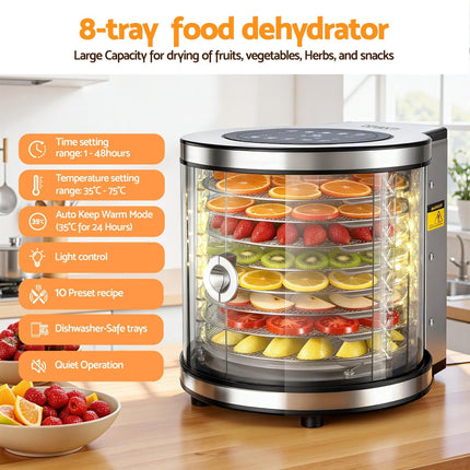 Devanti 8 Trays Food Dehydrator Stainless Steel Auto-Rotate 10 Programs 700W.