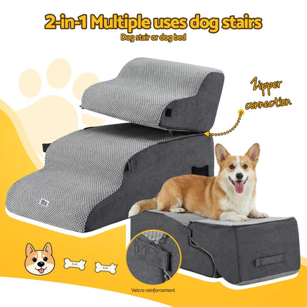 i.Pet Dog Stairs and Bed 2-in-1 Sofa Car Foam Non-Slip Washable Pet Stairs Indoor Grey.