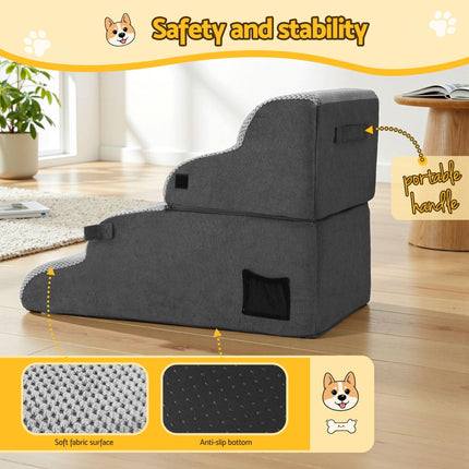 i.Pet Dog Stairs and Bed 2-in-1 Sofa Car Foam Non-Slip Washable Pet Stairs Indoor Grey.