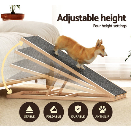 i.Pet Dog Ramp 100cm Adjustable Height Wooden Steps Stairs For Bed Sofa Car Foldable.