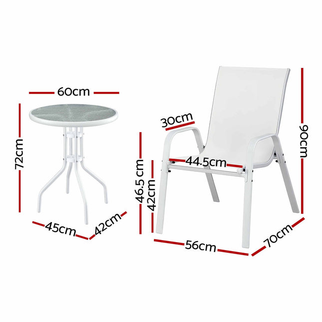 Gardeon 3PC Outdoor Bistro Set Table and Chairs Stackable Patio Furniture White.