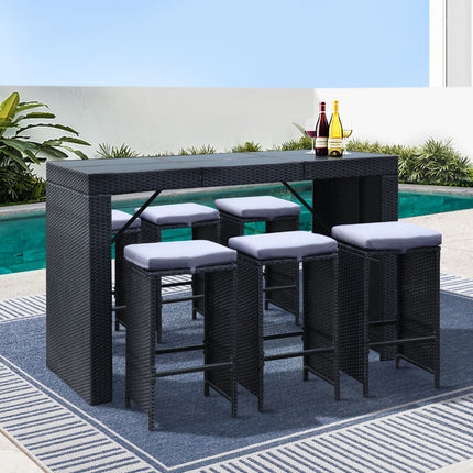Gardeon 7-Piece Outdoor Bar Set Dining Table Stools Wicker Patio Setting.