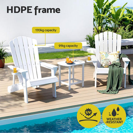 Gardeon Outdoor Table and Chairs HDPE Adirondack Beach Chair Sun Lounge Patio Furniture Garden White.