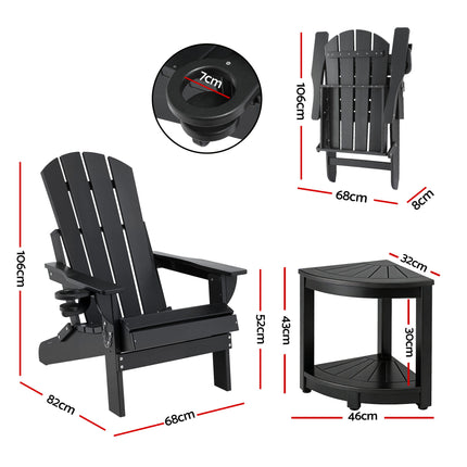 Gardeon Outdoor Table and Chairs HDPE Folding Adirondack Beach Chair Patio Furniture Black.
