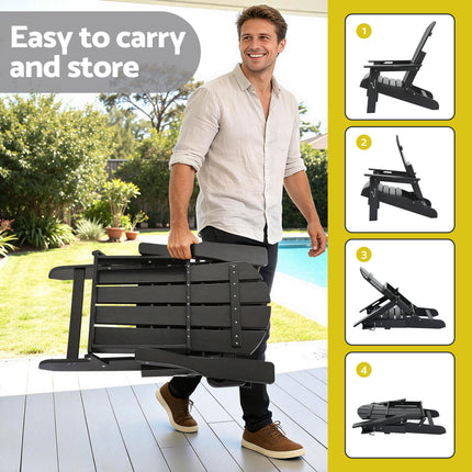 Gardeon Outdoor Table and Chairs HDPE Folding Adirondack Beach Chair Patio Furniture Black.