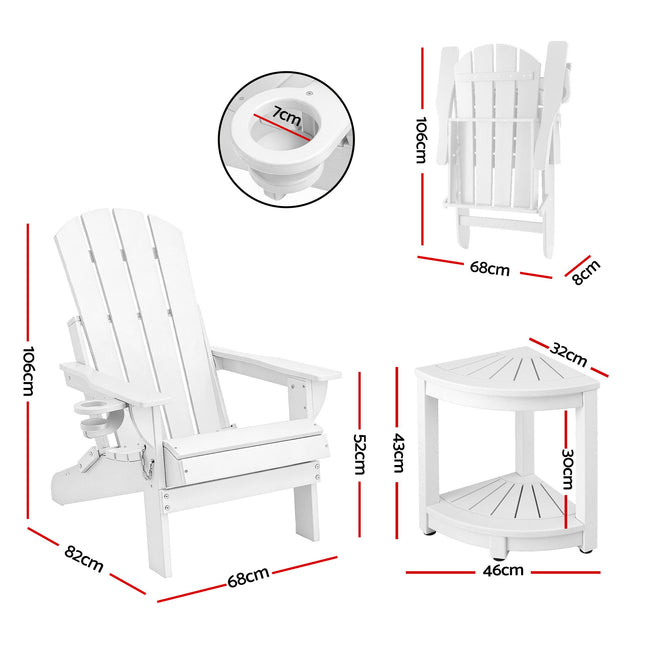 Gardeon Outdoor Table and Chairs HDPE Folding Adirondack Beach Chair Patio Furniture White.