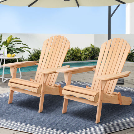 Gardeon Adirondack Outdoor Chairs Wooden Beach Chair Patio Furniture Garden Natural Set of 2.