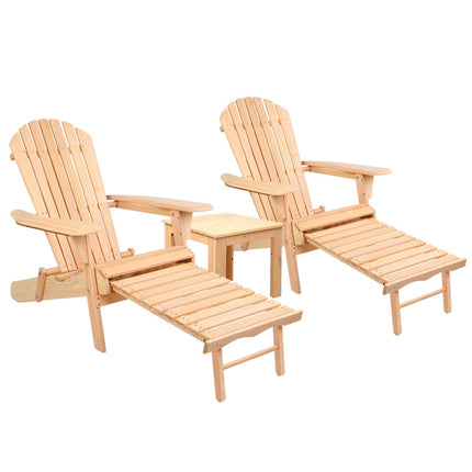 Gardeon 3PC Adirondack Outdoor Table and Chairs? Wooden Sun Lounge Beach Patio Natural.