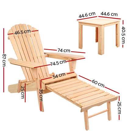 Gardeon 3PC Adirondack Outdoor Table and Chairs? Wooden Sun Lounge Beach Patio Natural.