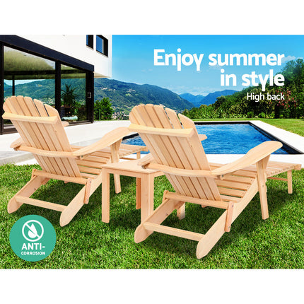 Gardeon 3PC Adirondack Outdoor Table and Chairs? Wooden Sun Lounge Beach Patio Natural.