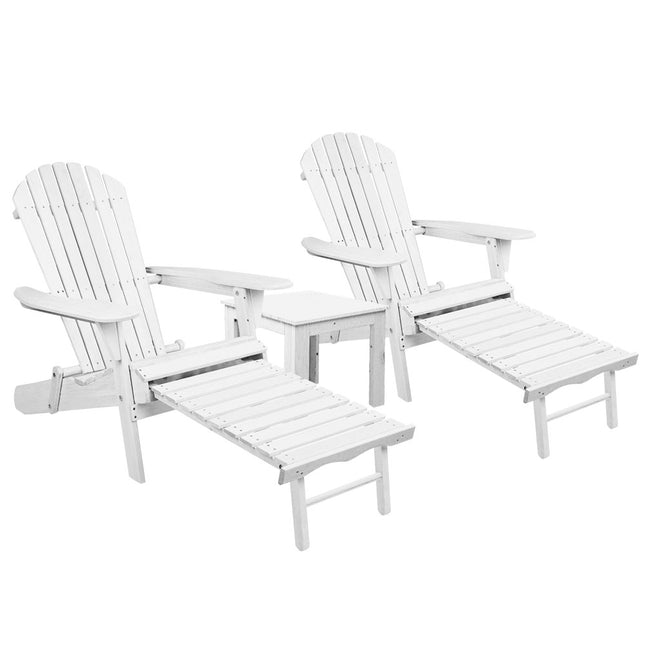 Gardeon 3PC Adirondack Outdoor Table and Chairs Wooden Sun Lounge Beach Patio White.