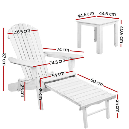 Gardeon 3PC Adirondack Outdoor Table and Chairs Wooden Sun Lounge Beach Patio White.