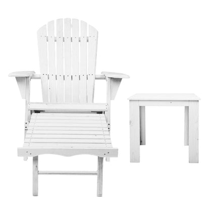 Gardeon 3PC Adirondack Outdoor Table and Chairs Wooden Sun Lounge Beach Patio White.