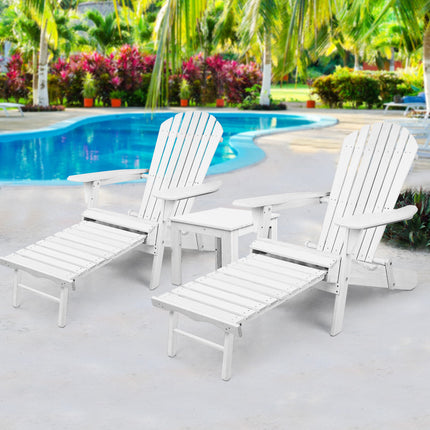 Gardeon 3PC Adirondack Outdoor Table and Chairs Wooden Sun Lounge Beach Patio White.