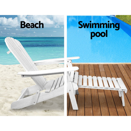 Gardeon 3PC Adirondack Outdoor Table and Chairs Wooden Sun Lounge Beach Patio White.