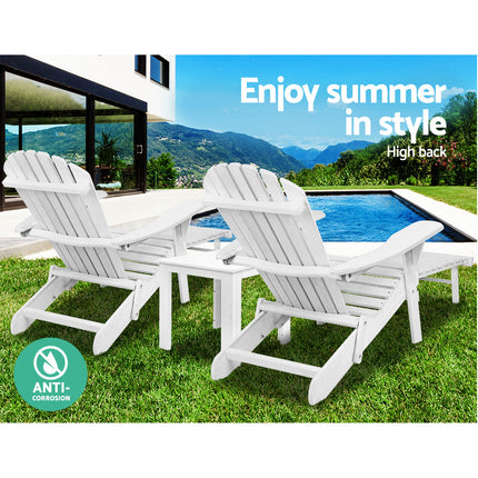 Gardeon 3PC Adirondack Outdoor Table and Chairs Wooden Sun Lounge Beach Patio White.