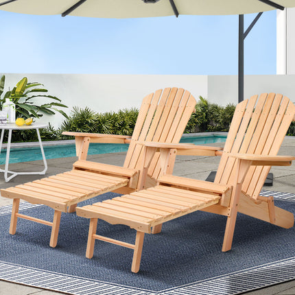 Gardeon 2PC Adirondack Outdoor Chairs Wooden Sun Lounge Patio Furniture Garden Natural.
