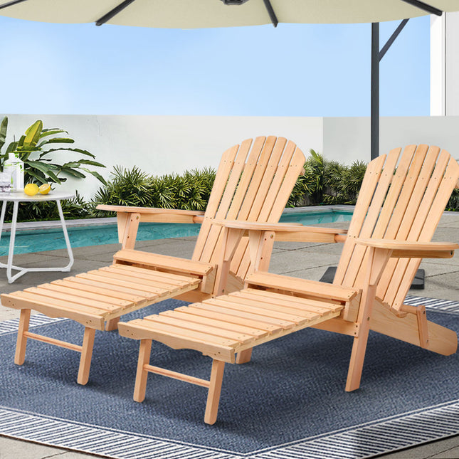 Gardeon 2PC Adirondack Outdoor Chairs Wooden Sun Lounge Patio Furniture Garden Natural.