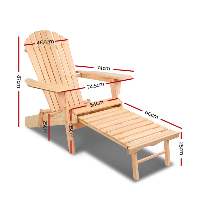 Gardeon 2PC Adirondack Outdoor Chairs Wooden Sun Lounge Patio Furniture Garden Natural.