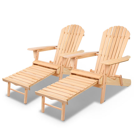 Gardeon 2PC Adirondack Outdoor Chairs Wooden Sun Lounge Patio Furniture Garden Natural.