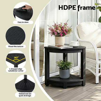 Gardeon Outdoor Coffee Side Table HDPE Desk Corner Shower Stool Bench Seat with Storage Shelf Black.