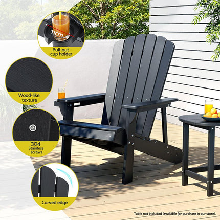 Gardeon Outdoor Chairs HDPE Adirondack Beach Chair Sun Lounge Patio Furniture Garden Black.