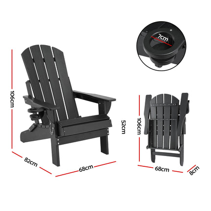 Gardeon Outdoor Chairs Folding Adirondack Beach Chair HDPE Sun Lounge Patio Furniture Garden Black.