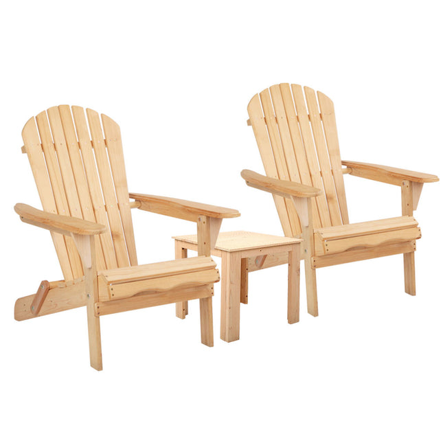 Gardeon 3PC Adirondack Outdoor Table and Chairs Wooden Foldable Beach Chair Natural.