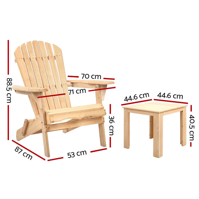 Gardeon 3PC Adirondack Outdoor Table and Chairs Wooden Foldable Beach Chair Natural.